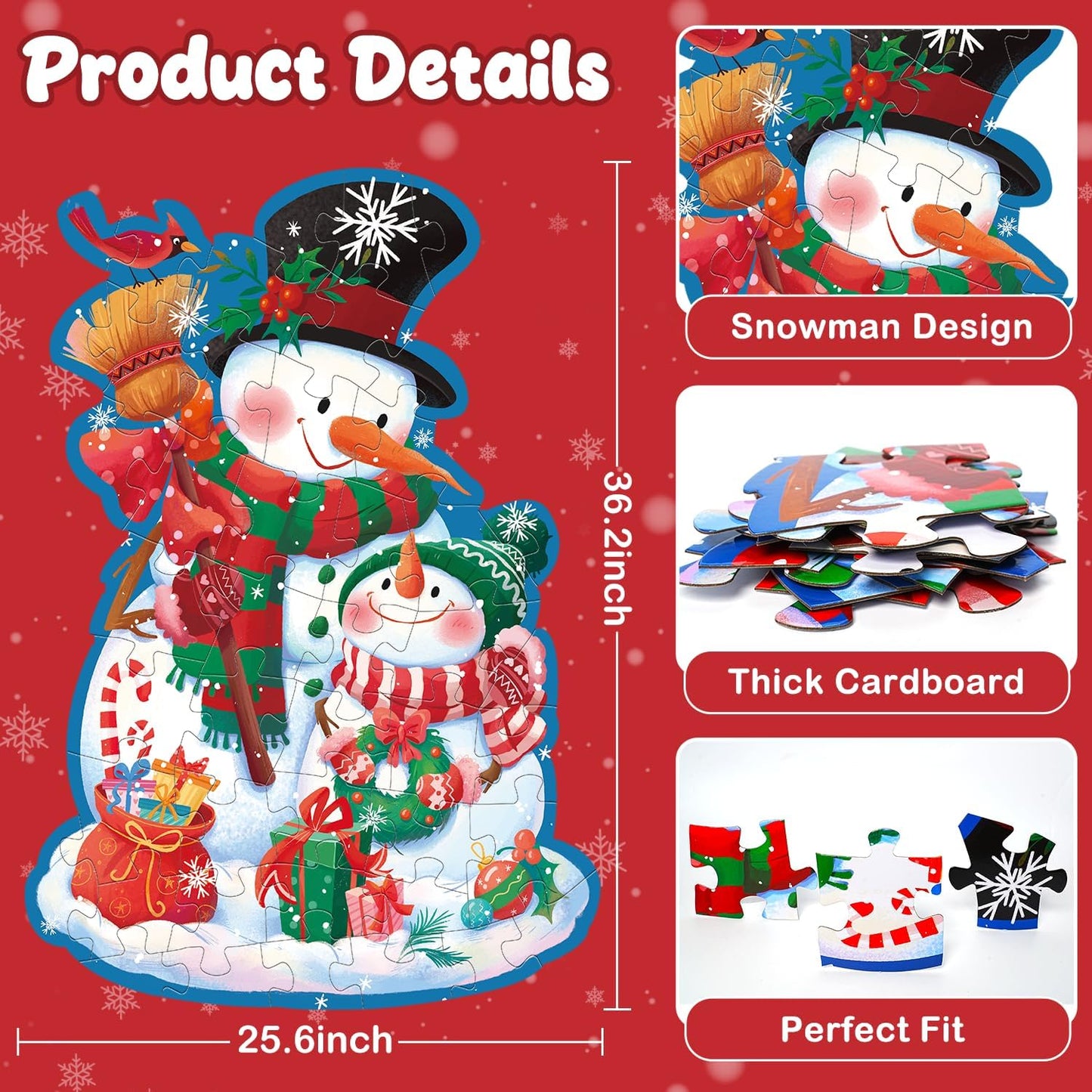 Snowman Floor Puzzle for Kids Age 4-8, 45PCS Jumbo Christmas Jigsaw Puzzle, Large 25.6" x 36.2" Winter Puzzle with Poster, for Kid Boy Girls
