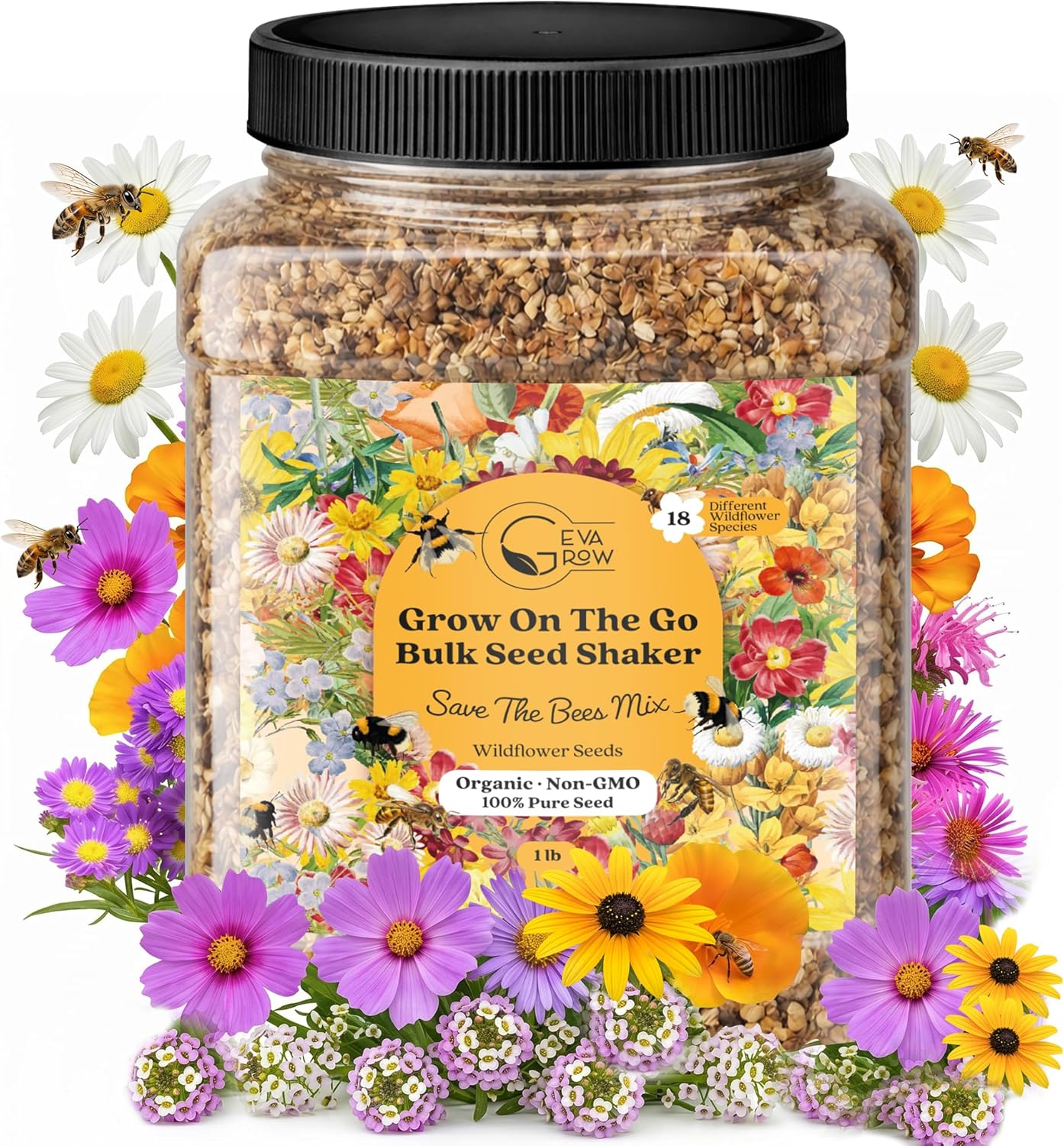 Mini Wildflower Seed Shaker - Save The Bees Seed Mix, by GevaGrow | 80,000+ Seeds | Pollinator & Bee Attracting Flower Seeds Bulk for Planting in Pots & Outdoor Gardens | 2 Ounce