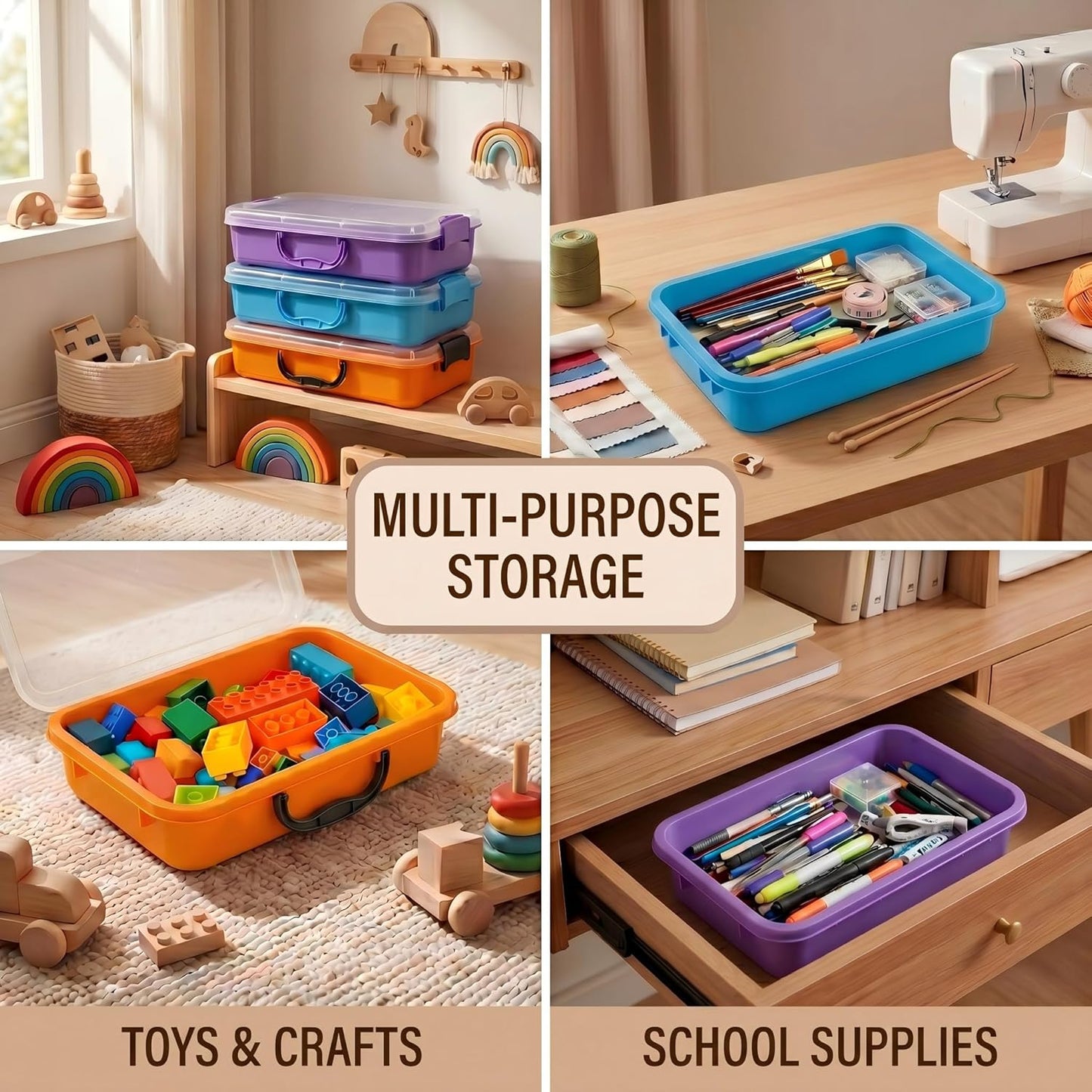 FIIOEOY 3 Pcs Sensory Bin Sand Tray with Lid & 3 Stickers, Stackable Plastic Storage Containers, Portable Sandbox, Organizers for Toys, Sand, Arts, Crafts (Blue, Green, Pink)