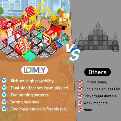 Magnetic Tiles Road Set with 2 Cranes & Double-Sided Magnet Tiles,Boys Toys for Ages 3-5 5-7 8-12,STEM Magnetic Building Construction Toys Include Car,Stations,Dolls,Roads,Signs,Gifts for 3+ Kids