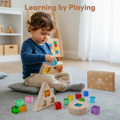 Woodtoe Large Building Blocks for Toddlers, Montessori Toys for 1 2 3 Year Old Boy Girl, No Choking Hazard Toys for Age 2-4 Kids Baby, Rainbow Acrylic Block Set, Sensory Birthday Toy Gifts for Kid