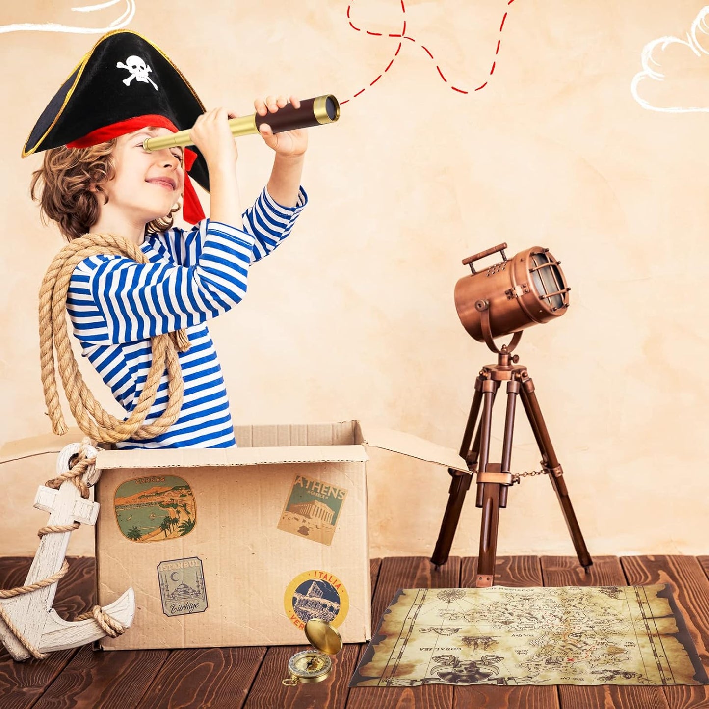 Pirate Monocular Telescope Treasure Map Pocket Compass Pirate Hat Skull Print Captain Costume, 5 Pcs Party Favors Costume Spyglass Kid Compass for Cosplay(Small)