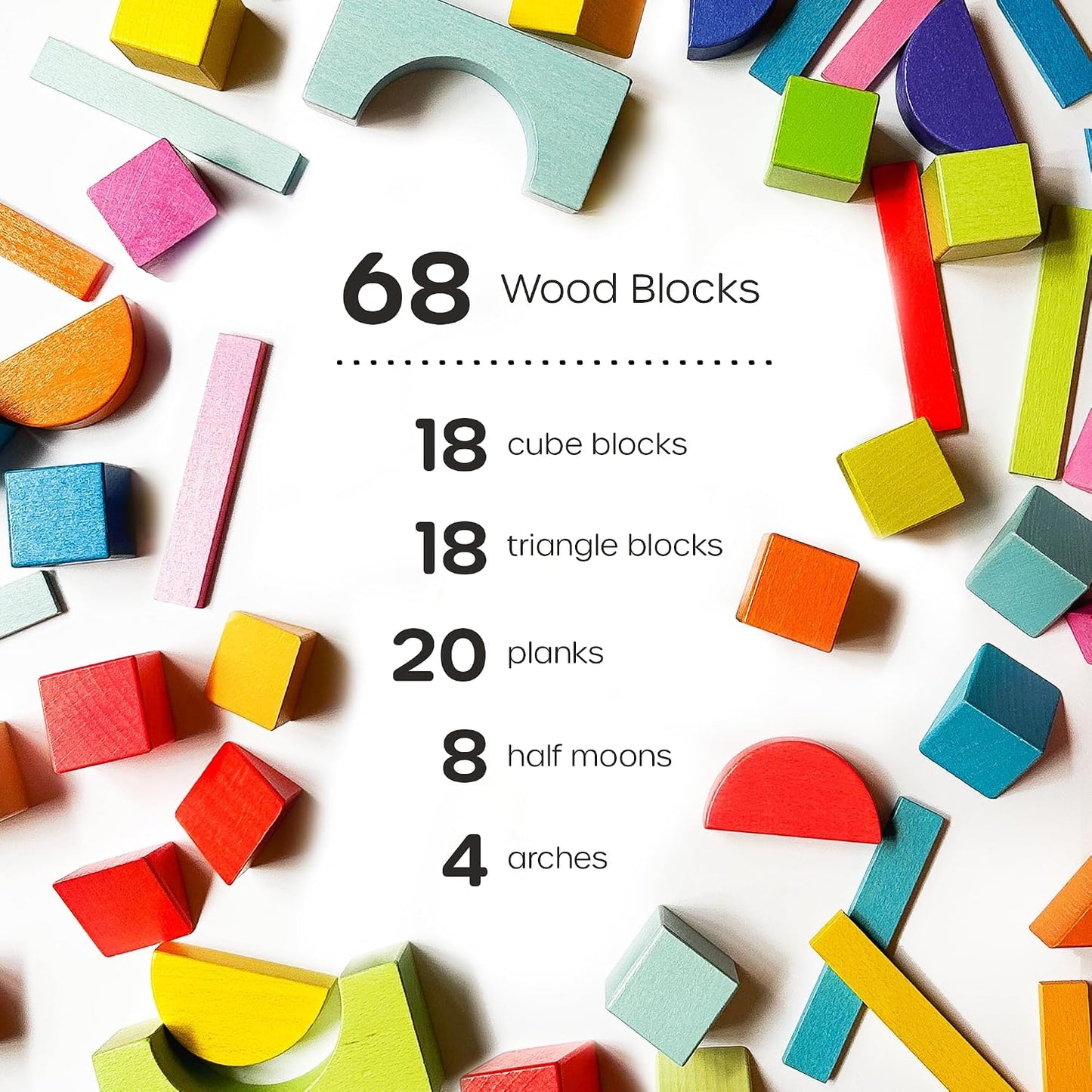 Quiggly Montessori Wooden Rainbow Building Blocks Set | 68-Piece Educational STEM Toy for Toddlers | Includes Storage Box with Carry Handles | Ideal for Ages 12-48+ Months (Wooden Storage Box)