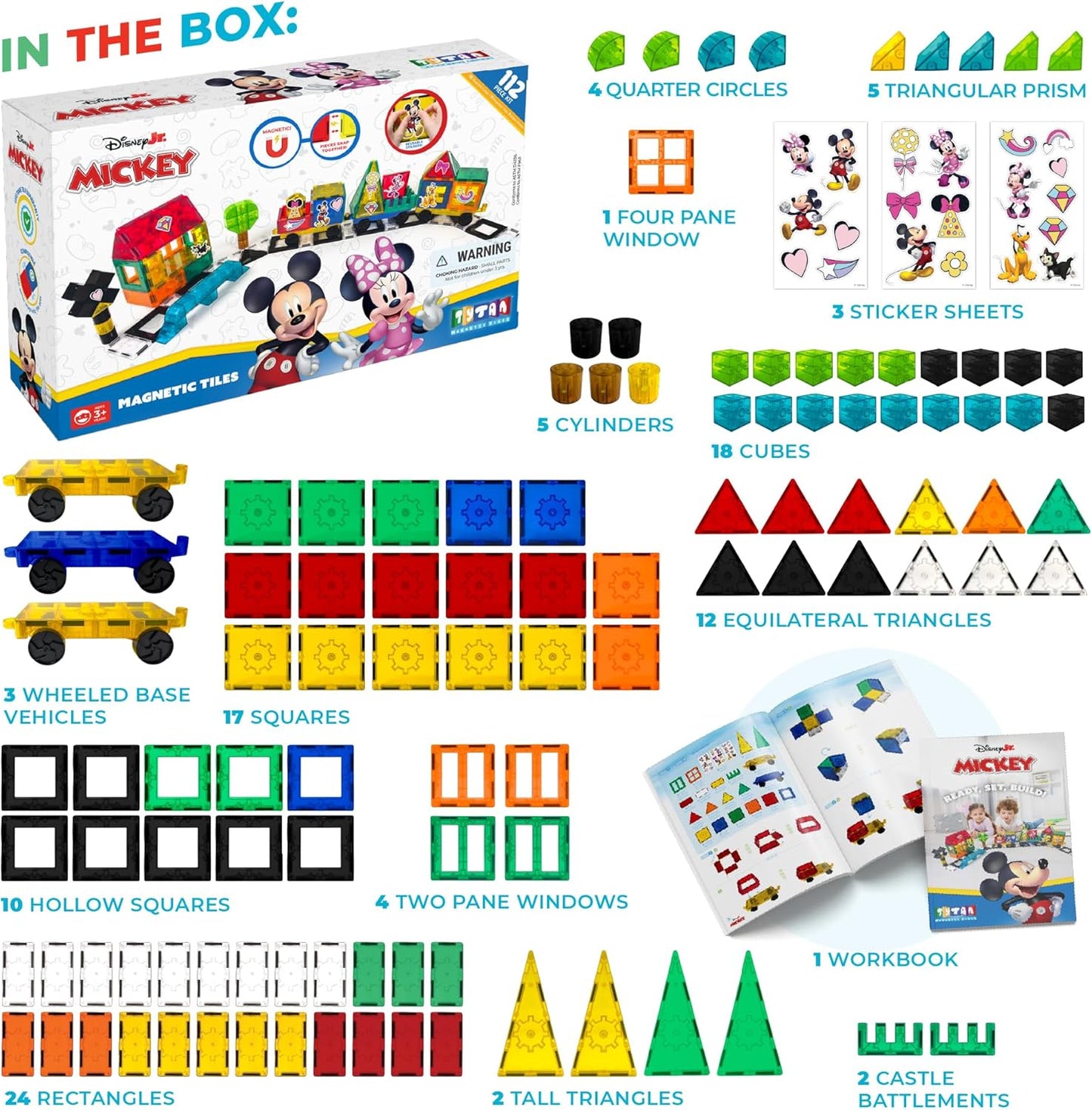 Tytan Official Disney Junior Mickey Mouse Jumbo Train Magnetic Tile Set – 112-Piece STEAM Toy Featuring Magnetic Cubes, Wheeled Bases, Reusable Stickers & Instruction Manual – Kids Ages 3+