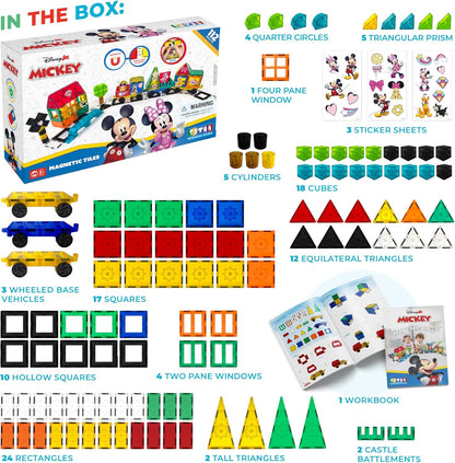 Tytan Official Disney Junior Mickey Mouse Jumbo Train Magnetic Tile Set – 112-Piece STEAM Toy Featuring Magnetic Cubes, Wheeled Bases, Reusable Stickers & Instruction Manual – Kids Ages 3+