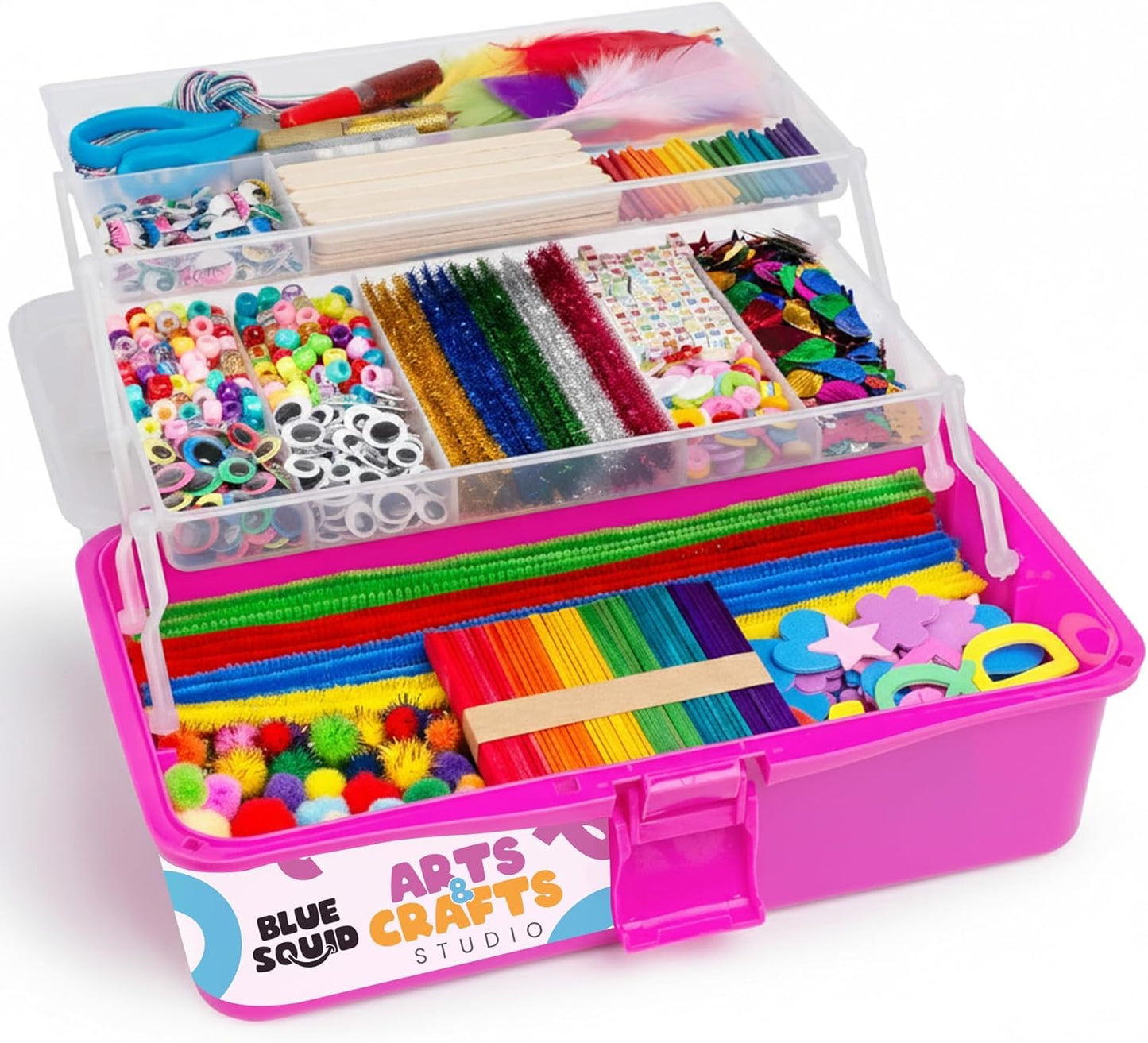 Blue Squid Arts & Crafts Box (Blue)- 2800+ pcs Deluxe Craft Supplies Box, 2 Drawers, 18 Compartments, Sturdy Handle - Art Crafting Kit Birthday Gifts for Kids, School Supply for Ages 4-12