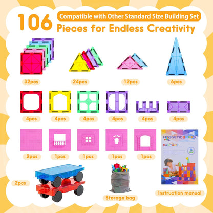 Upgraded Antibacterial Magnetic Tiles - 106 PCS Magnet Building Tiles with 2 Cars for Kids, Inhibits Bacterial Growth for Safe Play, 3D STEM Educational Construction Blocks & Xmas Gift