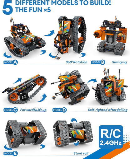 Opmind 5 in 1 STEM Remote Control Building Kit, 392Pcs Blocks Erector Projects Set Toys for Kids Age 8-12, Build a Tank/Robot/AVT DIY Science Educate 6 7 9 10 11 Years Old for Boys & Girls Gift Ideas