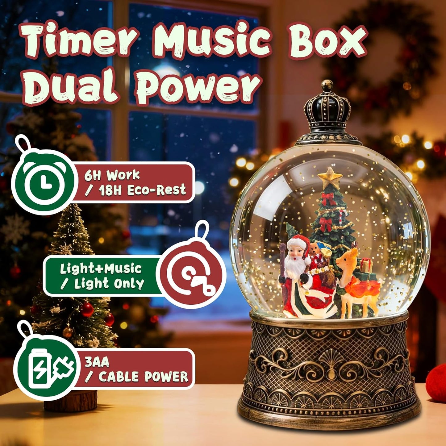 Christmas Snow Globes Lantern, Church and Christmas Tree Christmas Decorations Indoor, 6H Timer Battery & USB Powered Light Up Musical Snow Globes for Kids Women Adults Gift Thanksgiving Home Decor