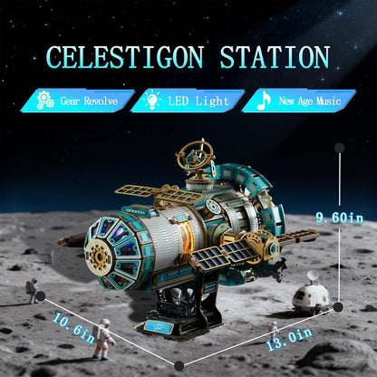3D Wooden Puzzles for Adults - Space Station Mechanical Model Kit with Lights & Music, 511PCS Adult Wooden Puzzles, DIY Building Toy for Teen & Adults, Miniature House Kit for Birthday Father's Day