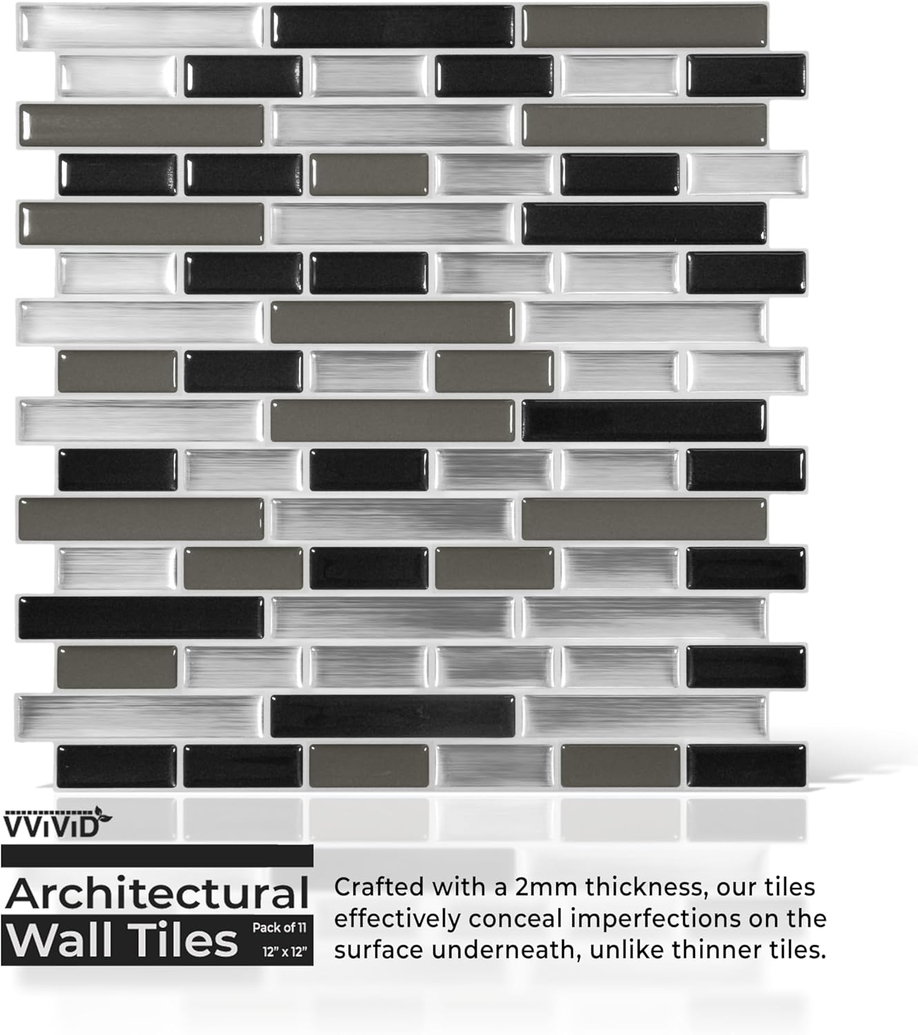 VViViD 11 Sheets Peel and Stick Grey Gloss Faux Ceramic Brick Wall Tiles, Self Adhesive Backsplash 12”x12”, 2mm Thick Kitchen, Bathroom (11 sq. ft.)