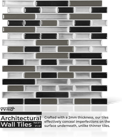 VViViD 11 Sheets Peel and Stick Grey Gloss Faux Ceramic Brick Wall Tiles, Self Adhesive Backsplash 12”x12”, 2mm Thick Kitchen, Bathroom (11 sq. ft.)