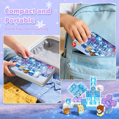 Magnetic Blocks - 100Pcs 0.8in Magnetic Building Block for Kids Ages 4-8, Transparent Magnet Block Blue Princess Castle, Magnet Cubes Tiles Princess Toy for Girl 3 4 5 6 7 8-12 Birthday Gift