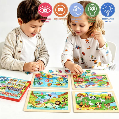 4 Sets of Wooden Puzzles, Each Set has 24 Pieces, Including Castle Unicorn Princess, for Toddlers 3-5, Puzzles for Kids Ages 4-6, Preschool Educational Brain Teaser Toys for Girls 3 4 5 6 Years Old.