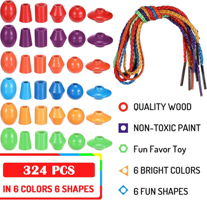 Shappy 324 Pcs Wooden Lacing Beads for Wooden String Beads Threading Toys Montessori Lacing Toys Fine Motor Skills Developmental Educational Plaything Sensory Occupational Activities Autism OT