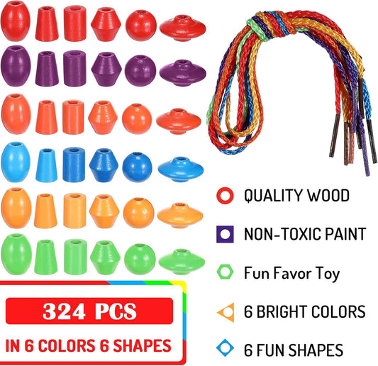 Shappy 324 Pcs Wooden Lacing Beads for Wooden String Beads Threading Toys Montessori Lacing Toys Fine Motor Skills Developmental Educational Plaything Sensory Occupational Activities Autism OT