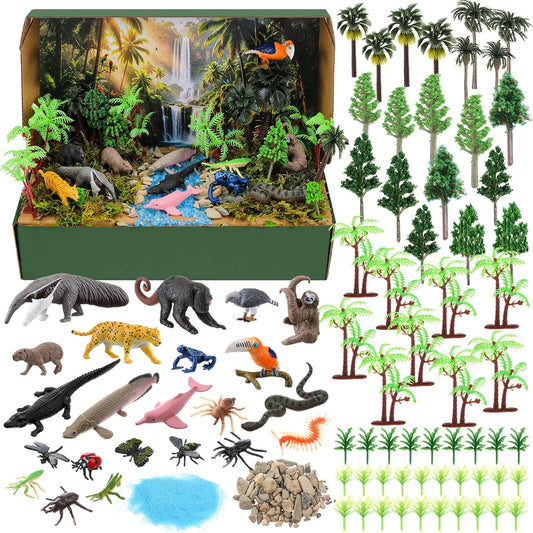Teyva Daily 48 Pcs Dinosaur Diorama Kit Habitat Project Box Set 3D Dinosaurs Diorama Supplies Include Dinosaurs Model Figures & Eggs Volcano Artificial Trees with Cardboard for DIY Crafts Gifts