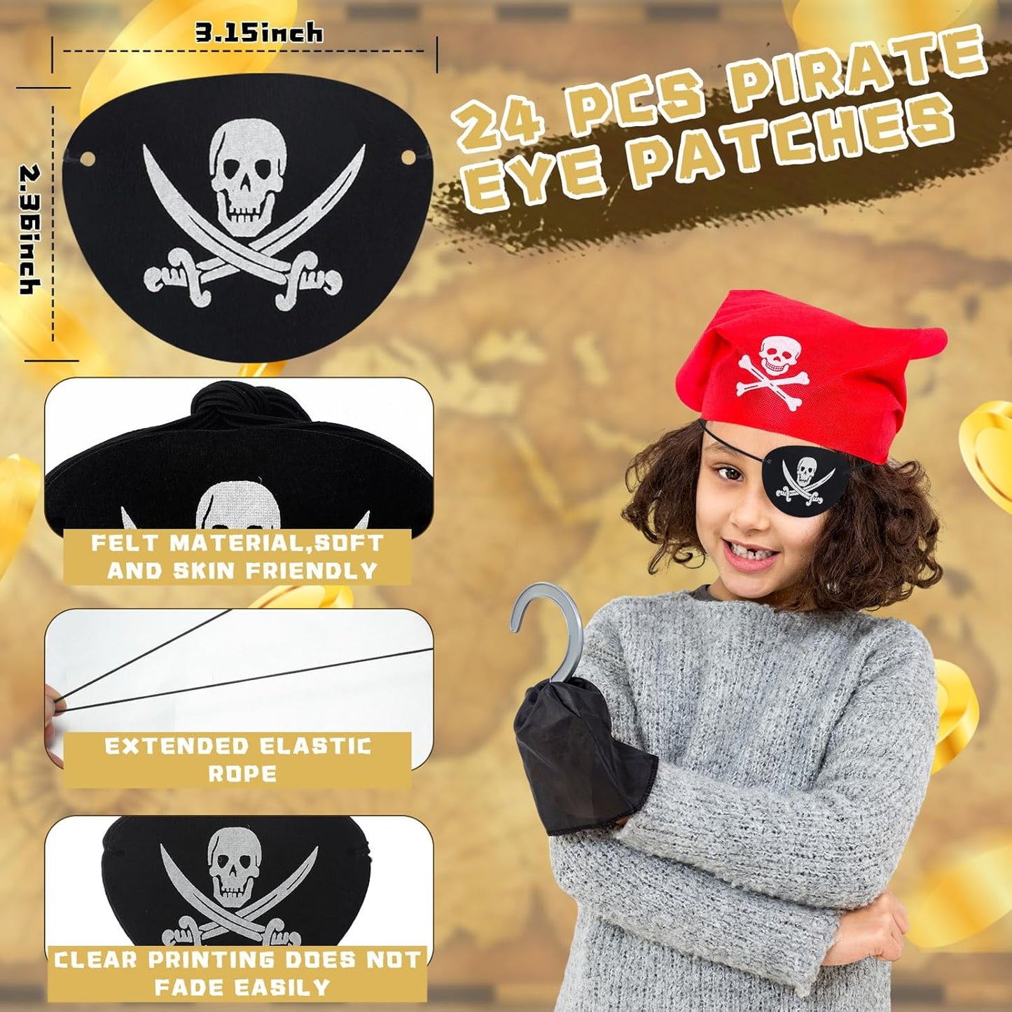 Libima 24 Pack Pirate Costume Accessories Set - Felt Eye Patches & Retractable Plastic Telescopes for Kids Birthday Party Favors, Gasparilla & Halloween Cosplay Dress Up(Vintage Style)