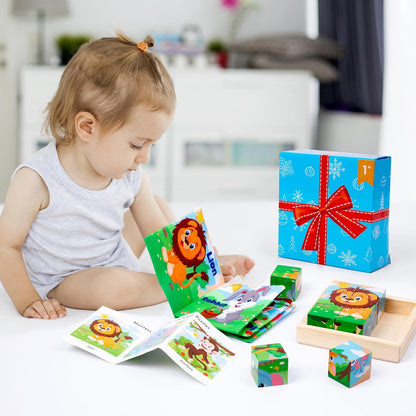 Wooden Dinosaur Block Puzzles for Kids Ages 3-5 with Baby Book, Jigsaw Puzzles Preschool Educational Interactive Toys Gift for Boys Girls, Wood Dino Cube Puzzles for Toddlers 2 3 4 5 6 Years Old