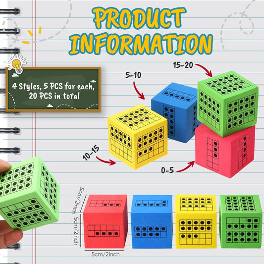 Hanaive 20 Pcs Ten Frame Foam Dice for Classroom Math Manipulatives Kindergarten Classroom Supplies for Teachers Elementary Subitizing Educational Counting Toys Math Learning Tools