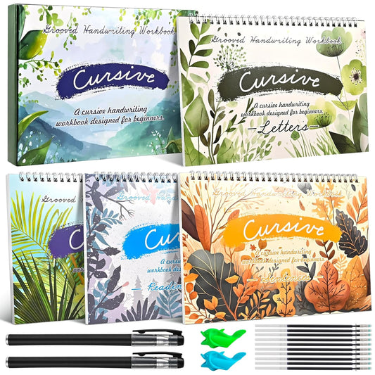 4-Pack Reusable Grooved Cursive Handwriting Workbooks with Disappearing Ink Pens, Cursive Practice Kit for Letters, Words, Sentences & Reading, Cursive Handwriting Workbook Ages 6–12