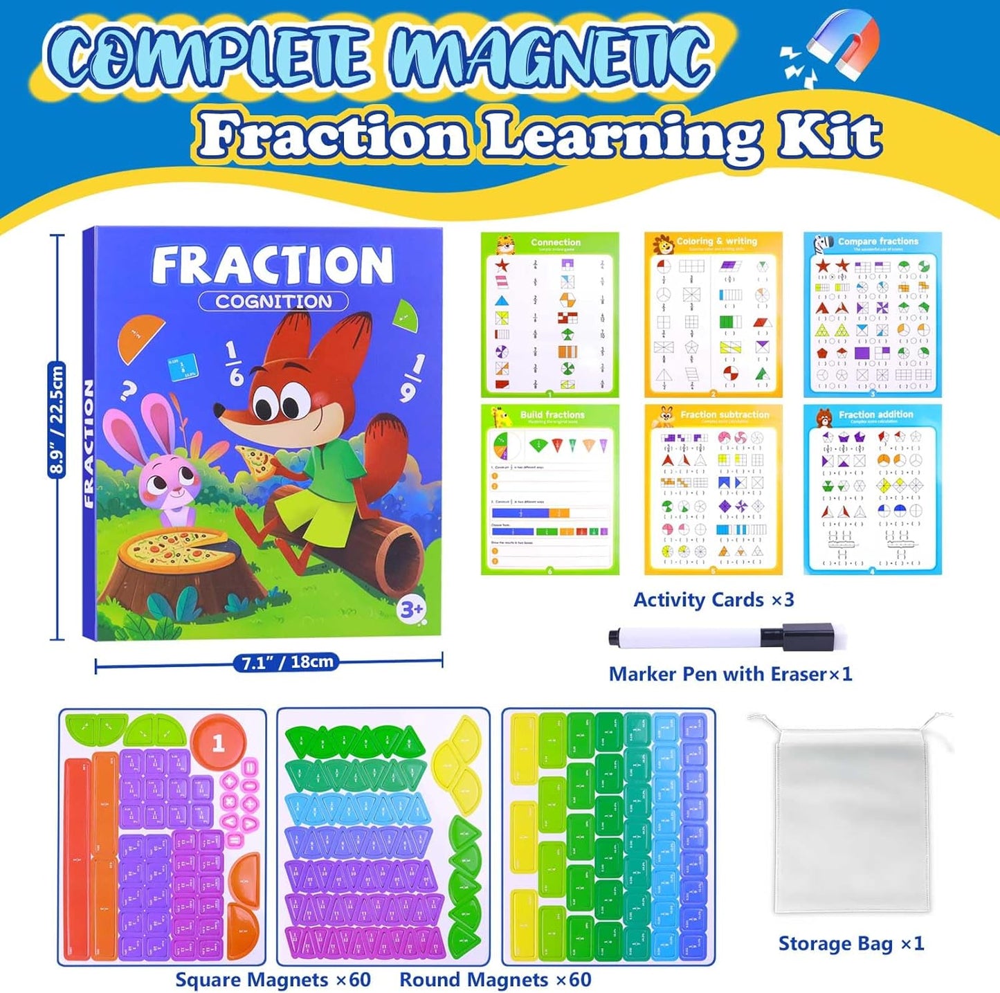 Magnetic Fraction Educational Puzzle Set, Fraction Tiles & Circles Demonstration Book, Montessori Math Manipulatives for Elementary Classroom, Hands-On Learning Tool for Fractions