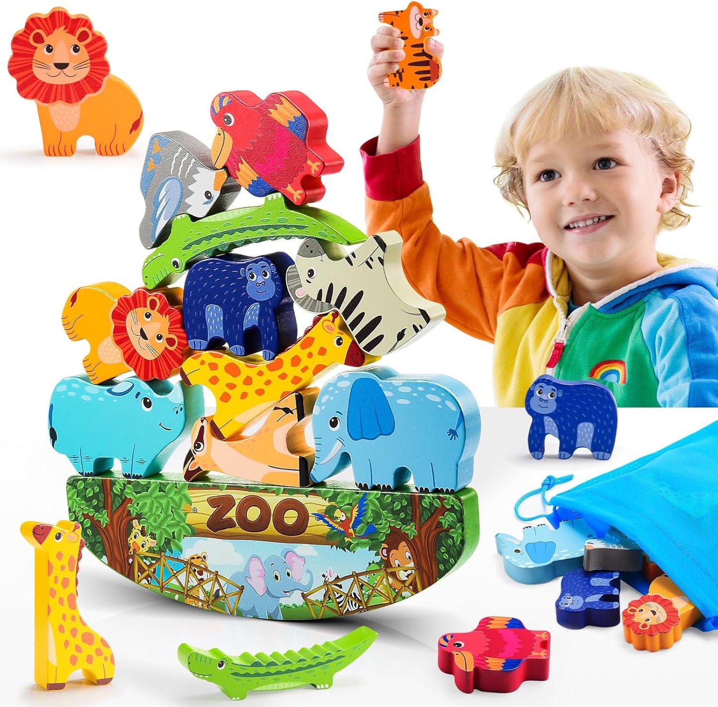 IPOURUP Dinosaur Toys for Kids 3-8 Kid Wooden Stacking Blocks Montessori Toy for 3 4 5 6 7 8 Year Old Boys Girls Christmas Birthday Gifts Toddler Balance Game Ages 3-5 Toys for Boy Girl Age 5-7