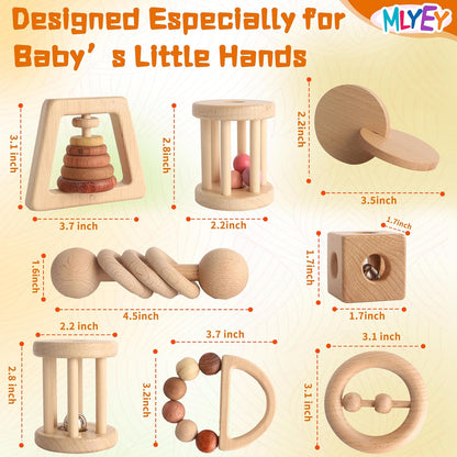Wooden Rattles for Baby, 7PCS Wooden Montessori Toys for 7-24 Months Baby Boy Girl, Natural Beech Wood Grasping Toy, Gift for Babies
