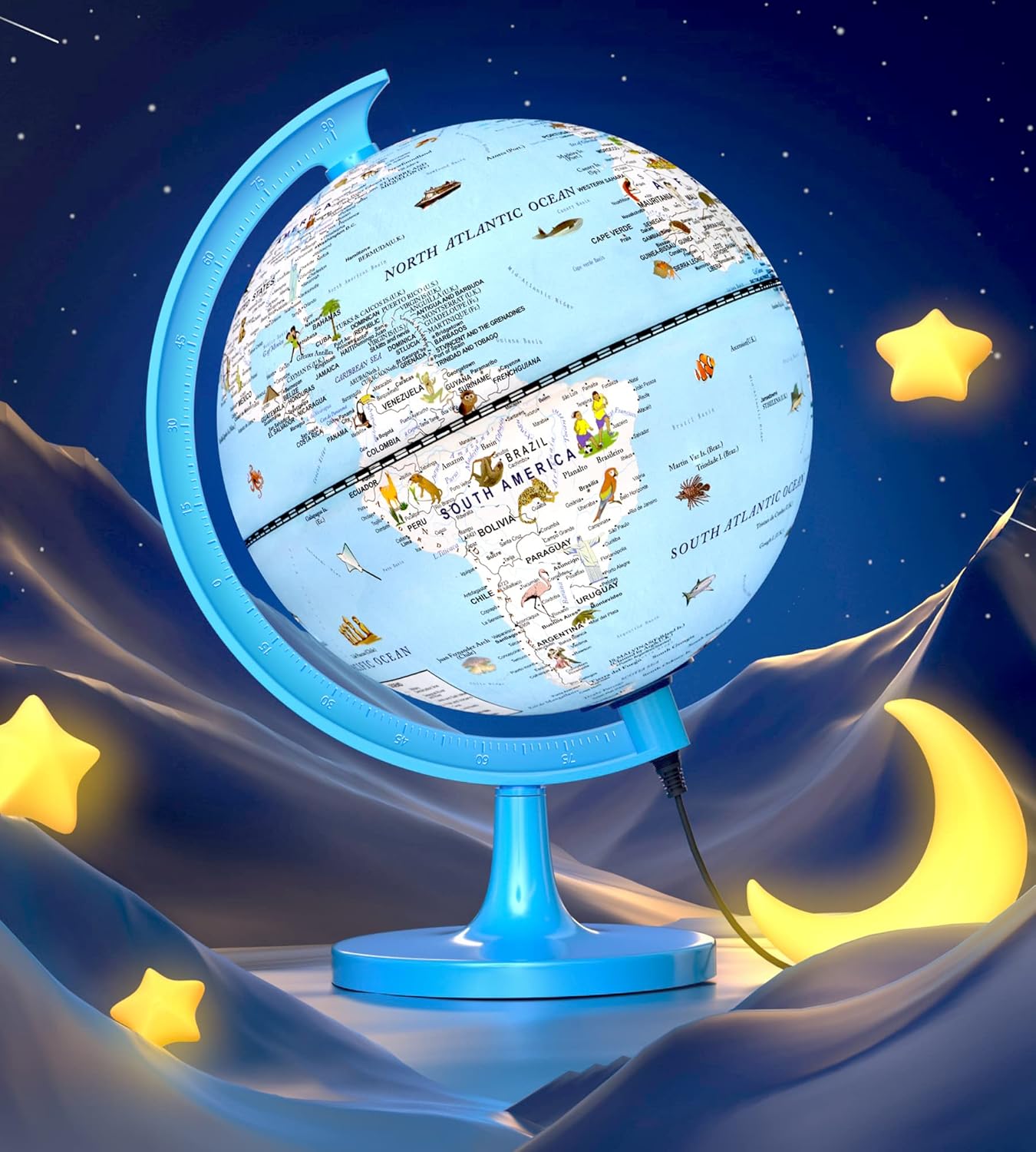 Globe for Kids Illuminated Globes of the World with Stand & Animals Illustrations Earth World Globe Night Light for Kids' Room Decor Classroom Educational Tool Birthday Gift, Dia 8-inch