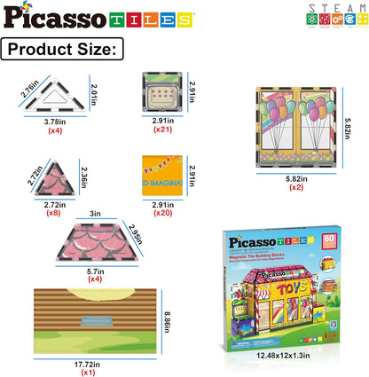 PicassoTiles 60pc Magnetic Tile Princess Castle Building Set with Double Sided Printed Tiles 2 Character Figures STEM Educational Toy Kit for Kids Pretend Play Montessori Learning Ages 3 to 8 PTQ04
