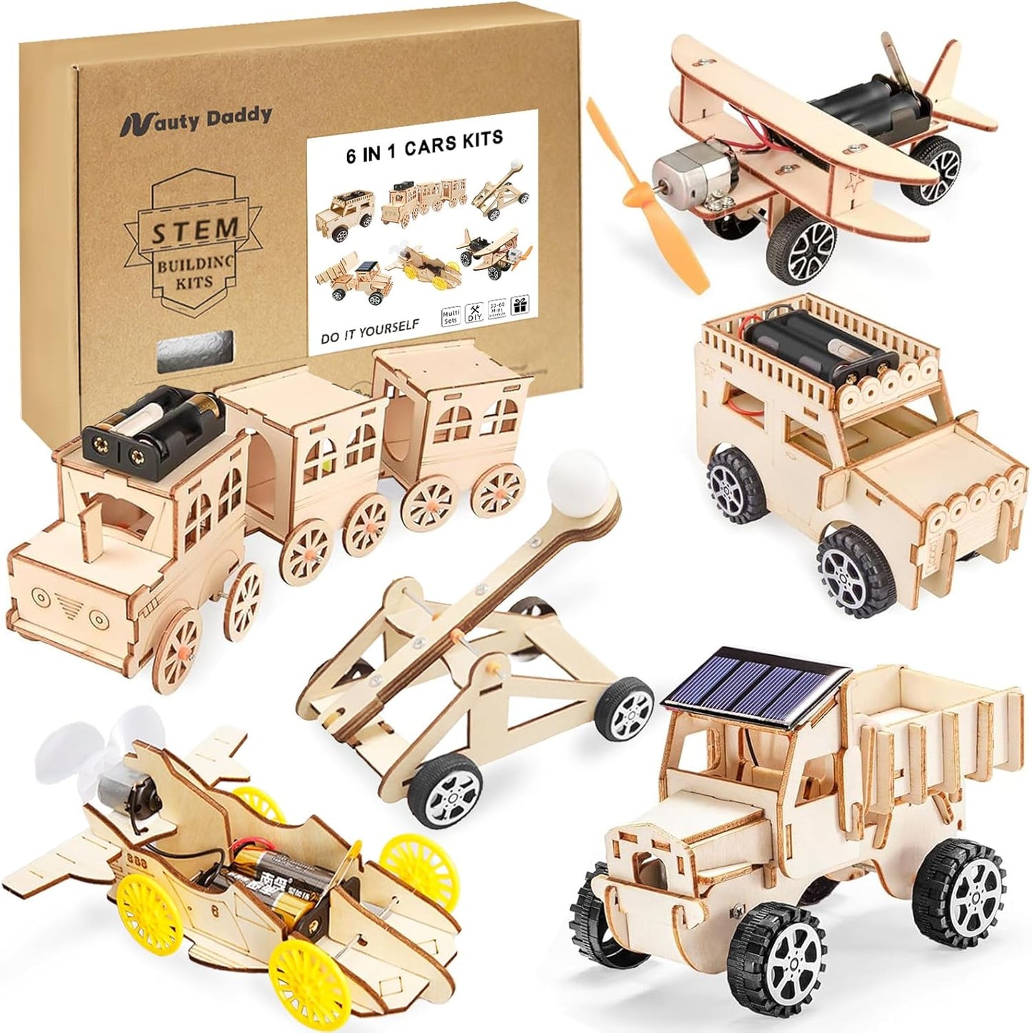 STEM Toys for Kids 8-14, 6-in-1 Wooden Model Car Building Kits with Solar Helicopter & Wind Car - Engineering Kits for Boys & Girls Birthday Gifts