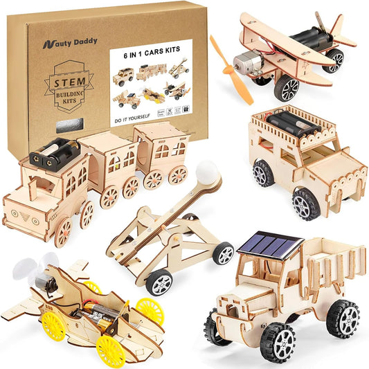 STEM Toys for Kids 8-14, 6-in-1 Wooden Model Car Building Kits with Solar Helicopter & Wind Car - Engineering Kits for Boys & Girls Birthday Gifts