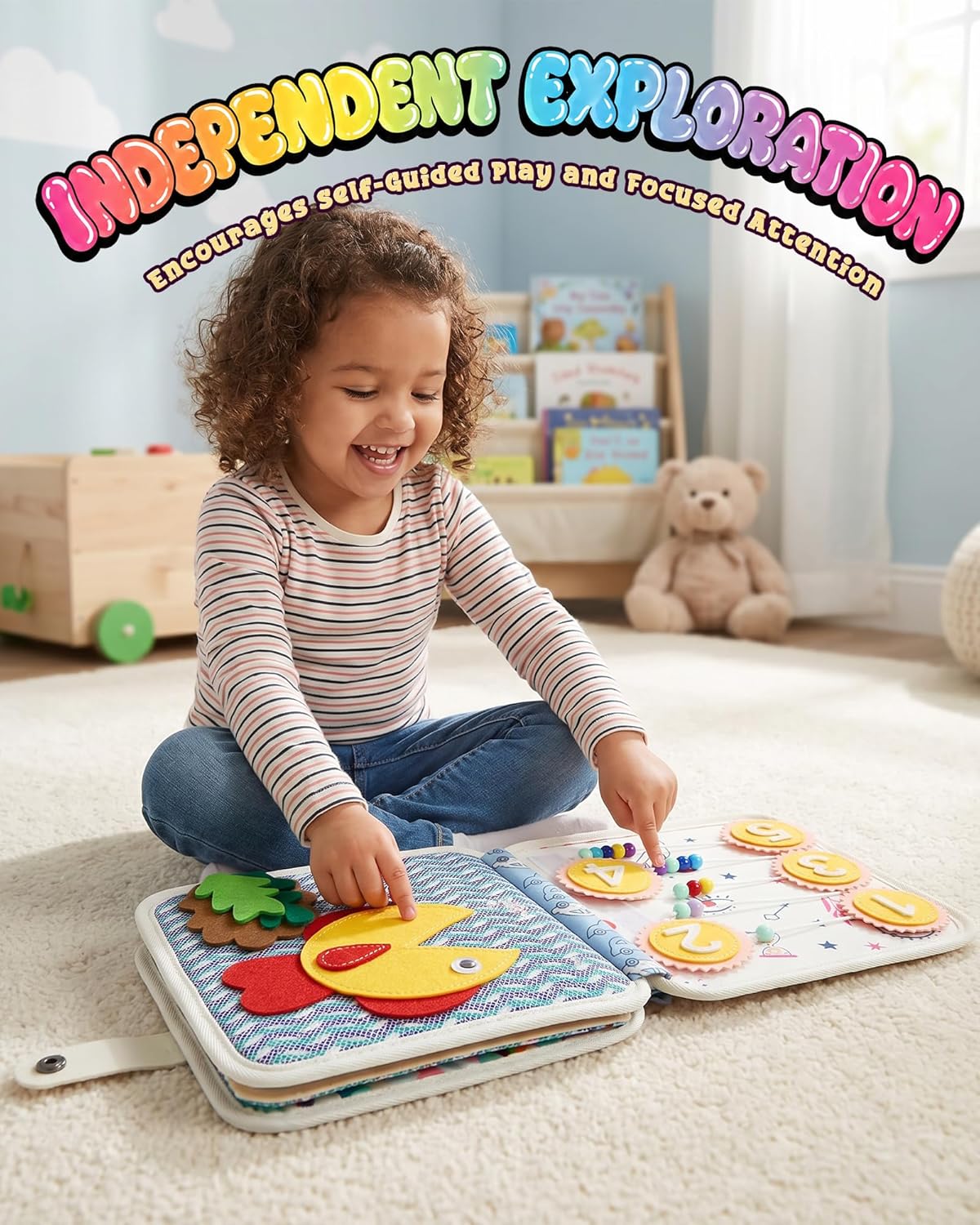Montessori Busy Book for Toddlers, 8-Page Sensory Activity Book for Fine Motor Skills & Basic Dress Learning, Portable Travel Toy for Preschool Kids, Birthday Gift for Boys and Girls (Blue)