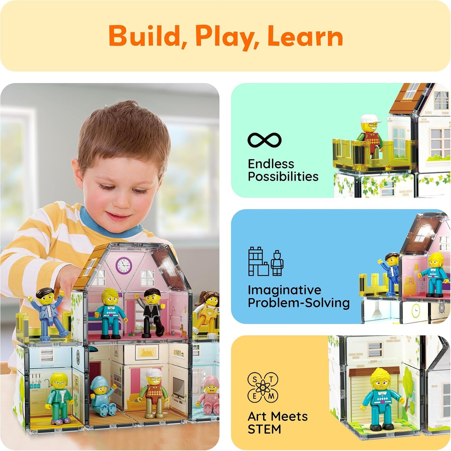 PicassoTiles 60pc Magnetic Tile Princess Castle Building Set with Double Sided Printed Tiles 2 Character Figures STEM Educational Toy Kit for Kids Pretend Play Montessori Learning Ages 3 to 8 PTQ04