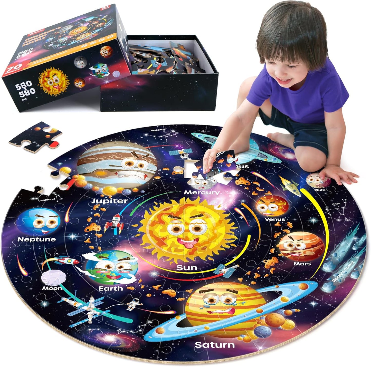 SYNARRY Solar System Floor Puzzles for Kids Ages 4-8, Large 70 Piece Jigsaw Puzzles for Kids Ages 4-6, Space Planet Astronaut Toys Puzzles, Preschool Learning Toys, Easter Basket Stuffers for Boy Girl