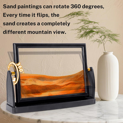BOLGRLONG Moving Sand Art Liquid Motion 3D Dynamic Mountains Sandscape Painting, Square Glass Sands Painting with Easy-Flip Stand, Sensory Relaxing Decor for Home and Office (9") (Black)