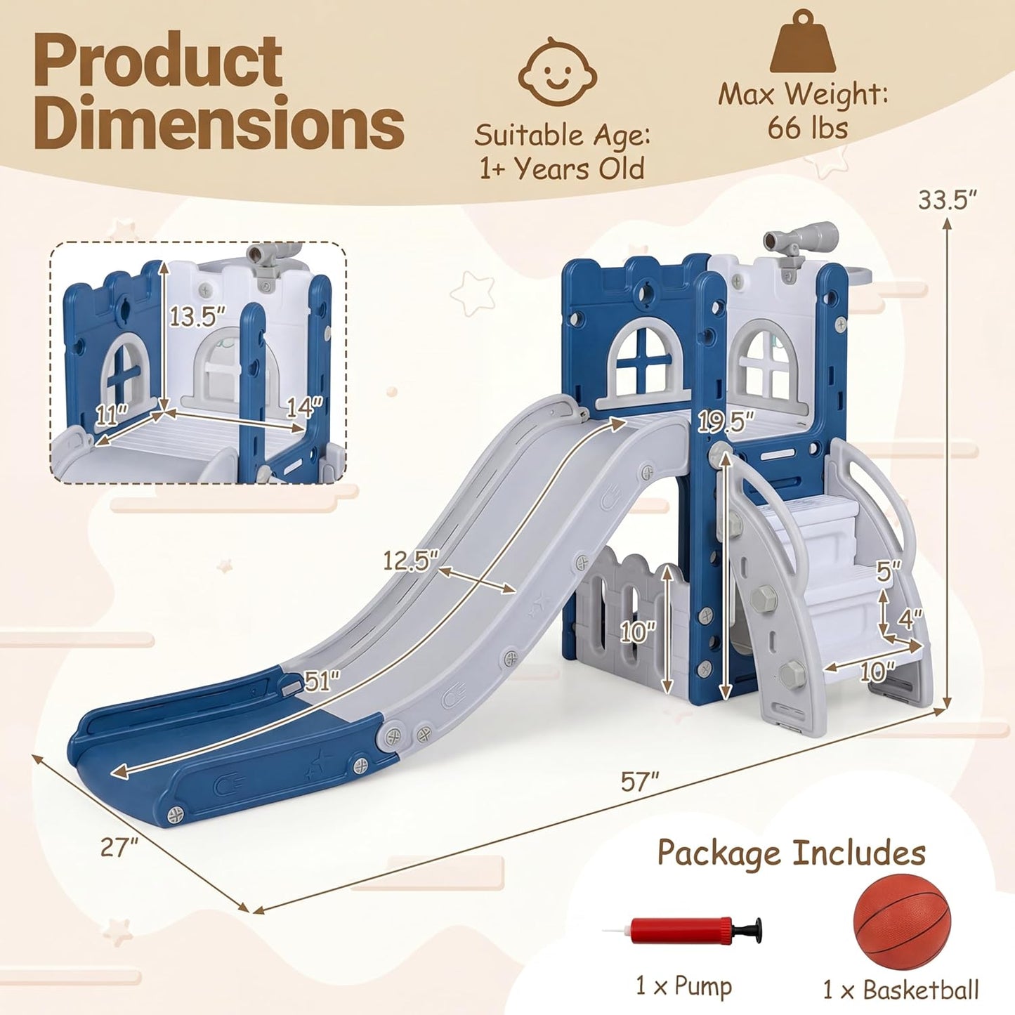 HONEY JOY Toddler Slide, 6 in 1 Freestanding Slide for Kids, Indoor Outdoor Castle Climber Playset Gym w/Basketball Hoop, Ball, Telescope, Storage, Playground Baby Slide for Boys Girls (Blue)