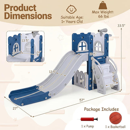 HONEY JOY Toddler Slide, 6 in 1 Freestanding Slide for Kids, Indoor Outdoor Castle Climber Playset Gym w/Basketball Hoop, Ball, Telescope, Storage, Playground Baby Slide for Boys Girls (Blue)