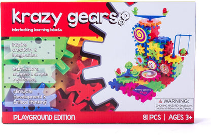 Gear Building Toy Set - Interlocking Learning Blocks - Motorized Spinning Gears - 81 Piece Playground Edition