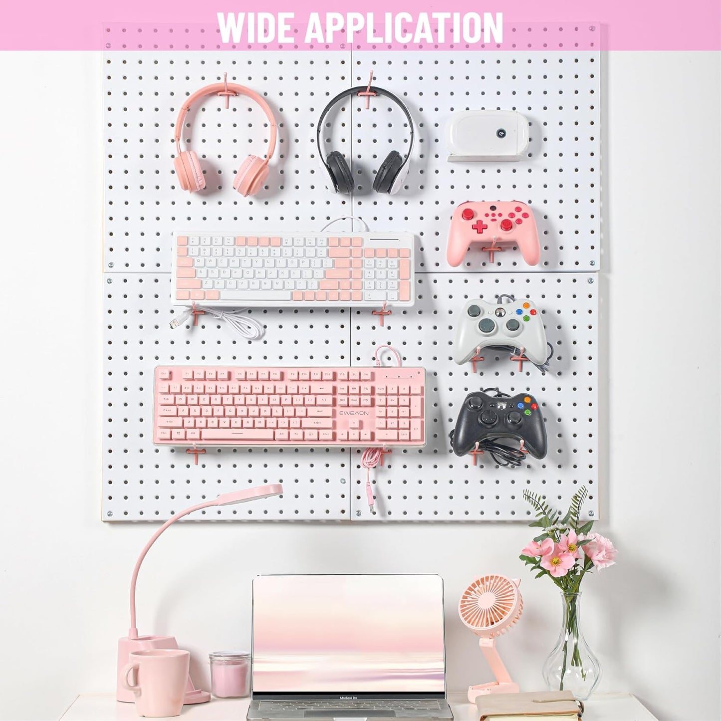 HUHOLE 50-Pack Pink Pegboard Hooks 2 Inch, Decorative Metal Peg Board Hangers with Rubber Safety Tips, Fits 1/8" & 1/4" Boards, Heavy Duty Organizer for Craft Room, Nursery, Garage & Retail Display