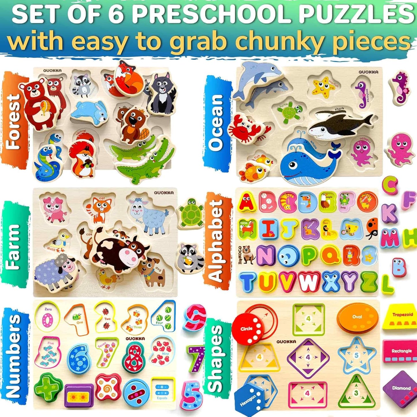 QUOKKA Wooden Puzzles for Toddlers 1-3 – 3xSET Toddler Puzzles Ages 2-4 – Montessori Animal Chunky Puzzle for Kids 3-5 – Wood Learning Toy for Boy and Girl – FSC Certified Wood