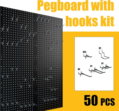 Spampur Peg Board, 4 Pack Metal Pegboard Panels with 50 Hooks, Black Pegboards Wall Organizer, Heavy Duty Peg Board for Walls Home, Garage Tool Storage, Office Organization, Craft Room, Kitchen