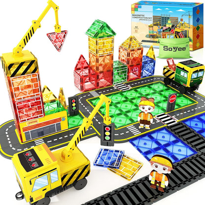 Soyee Magnetic Tiles Magnetic Construction Toys with 2 Cranes Boys Toys for Ages 3-5 5-7 Magnet Building Blocks Chritmas Gifts Boys Sensory Autism Montessori Toys Gift for 3+ Year Old
