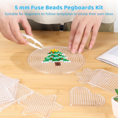 45 PCS Fuse Beads Pegboards Kit, Clear Plastic Peg Boards with 39 Templates in 10 Shapes and 6 Tweezers, 5 mm Bead Boards Craft Supplies for Little Ones DIY Beads Projects