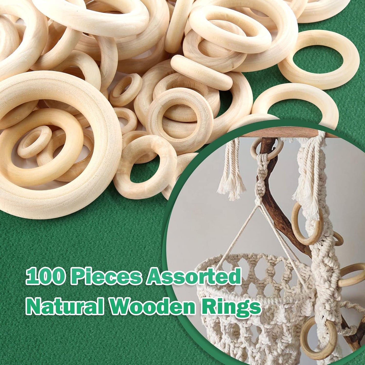 100pcs 5 Sizes Natural Wood Rings, Unfinished Solid Wooden Hoops, Smooth Wooden Rings for Craft, Jewelry Making, DIY Pendant Connectors (Assorted Sizes)