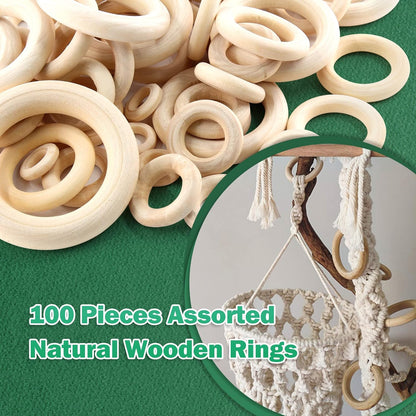 100pcs 5 Sizes Natural Wood Rings, Unfinished Solid Wooden Hoops, Smooth Wooden Rings for Craft, Jewelry Making, DIY Pendant Connectors (Assorted Sizes)