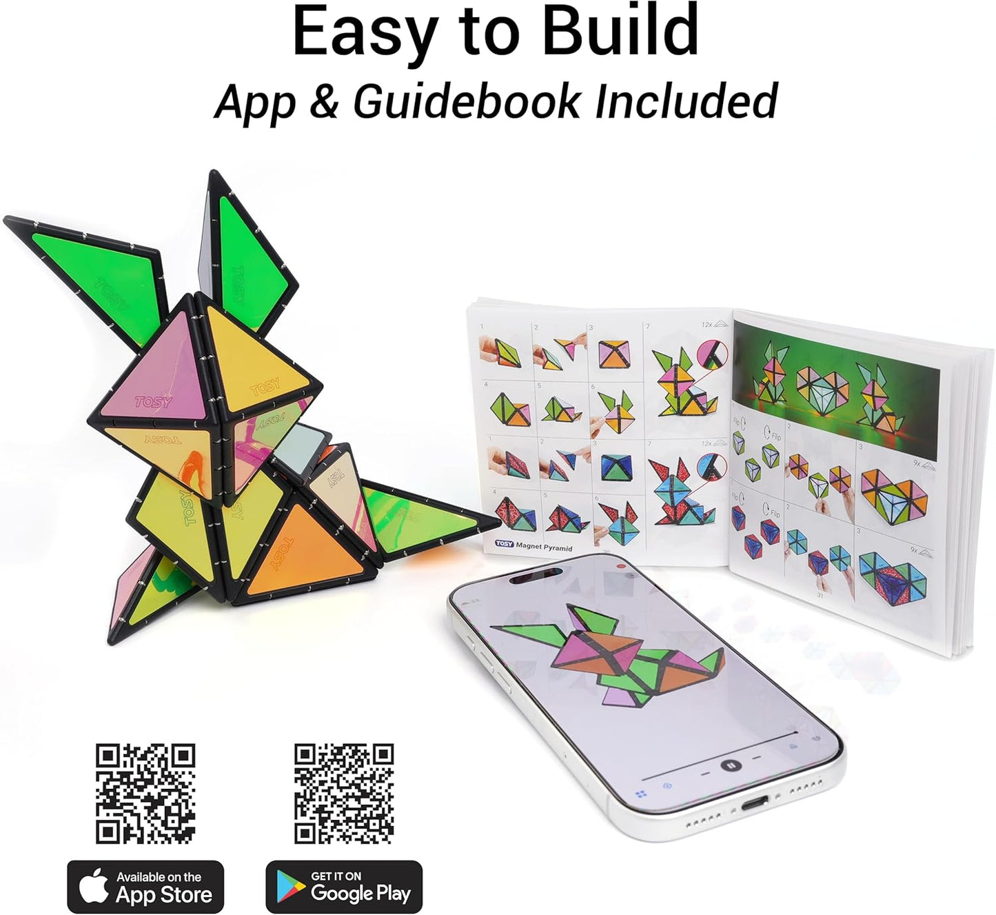 TOSY Magnet Pyramid Stone - 1 Cube Transforms into 1 Billion Shapes (Bunny, Egg Basket, Flowers, Heart), Easter Birthday Gift, 12 pcs, 243 Magnets, Holographic Design, Puzzle/STEM Toy