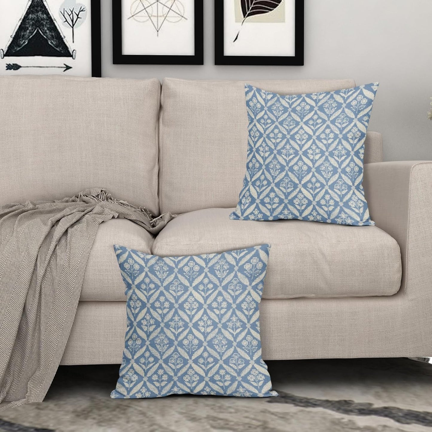 Blue Green Floral Block Print Pillow Covers 12X20 Set of 2, Flower Pattern Spring Summer Print Decorative Throw Pillow Covers Outdoor Farmhouse Seasonal Cushion Case Couch Sofa Bed Decor