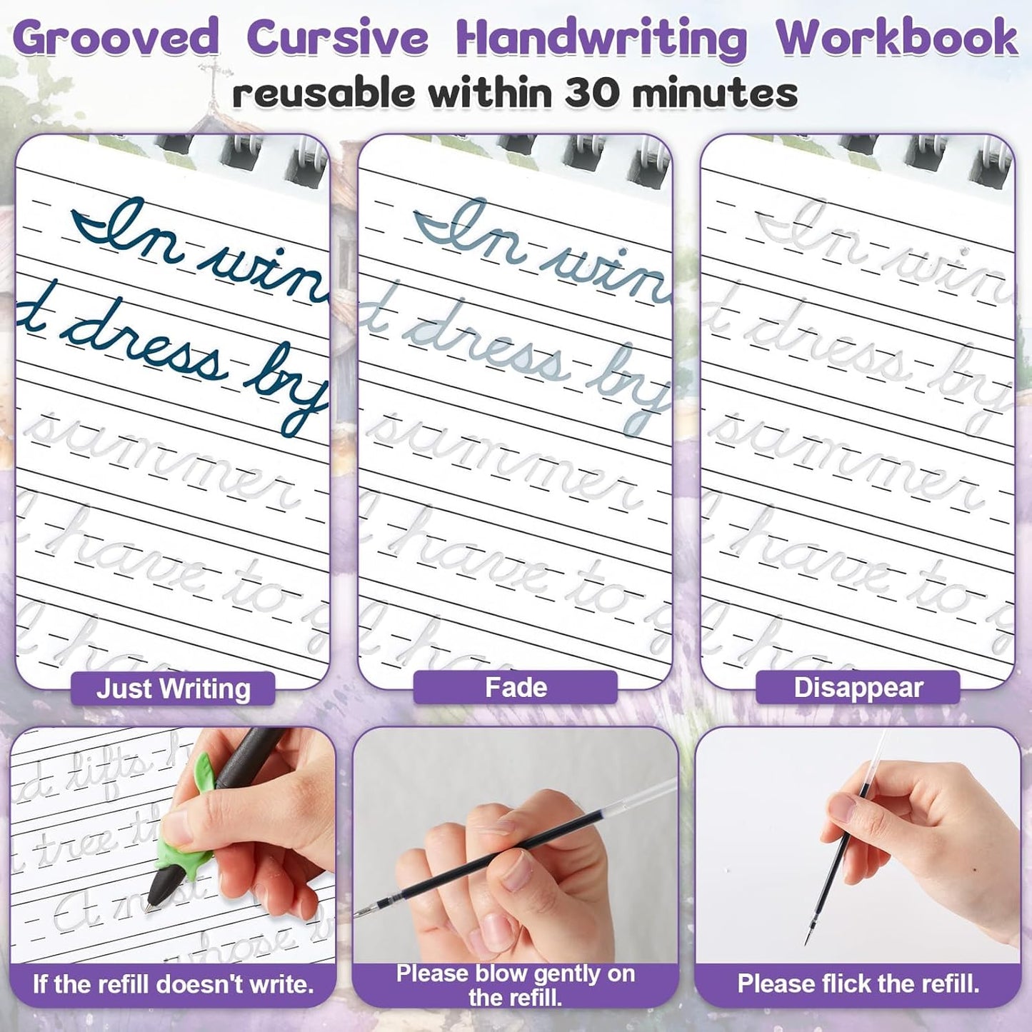 gisgfim Grooved Cursive Handwriting Workbook Magic Reusable Grooved Cursive Handwriting Practice Guided Tracing with Disappearing Ink Pens for Beginners Kids Learning Activities Supplies (Sentence)