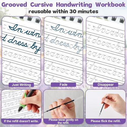 gisgfim Grooved Cursive Handwriting Workbook Magic Reusable Grooved Cursive Handwriting Practice Guided Tracing with Disappearing Ink Pens for Beginners Kids Learning Activities Supplies (Sentence)